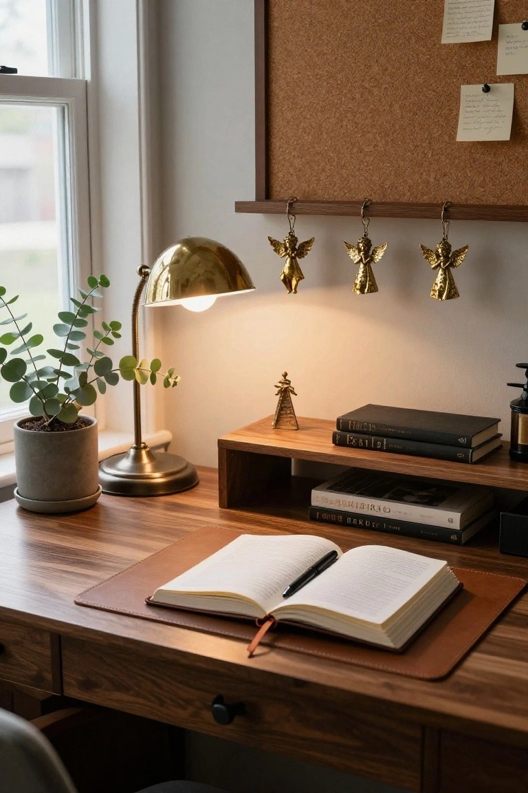 Wooden desk with open notebook on leather blotter, lit brass lamp, potted eucalyptus plant, stacked books on floating shelf, and corkboard above with hanging gold angel ornaments and pinned notes.