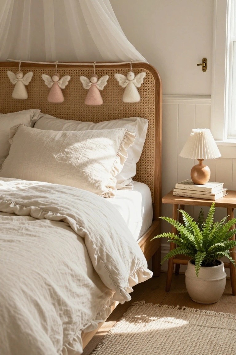 A bedroom with a rattan bed frame under a white draped canopy adorned with hanging white and pink felt angel ornaments, white linen bedding, a bedside table holding a lamp books and a potted fern.