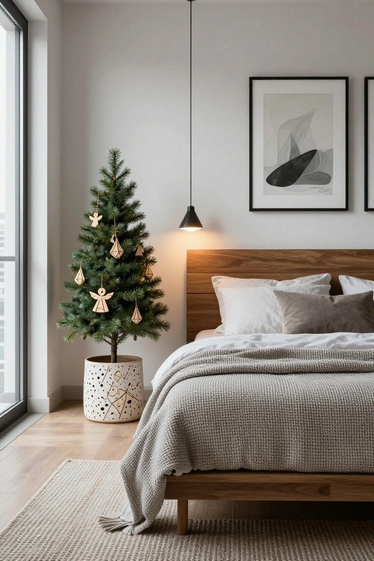 Modern minimalist bedroom with a small potted Christmas tree decorated with wooden angel and geometric ornaments next to a low wooden bed with white and gray linens, large window, pendant light, and abstract framed art on walls.