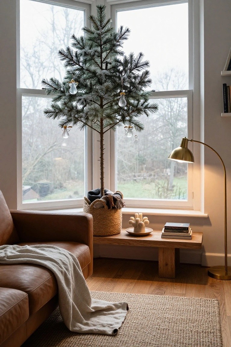 Living room corner with a small flocked Christmas tree decorated with glass angel and drop ornaments in a bay window, next to a tan leather sofa, woven basket, gold arc lamp, and wooden bench.