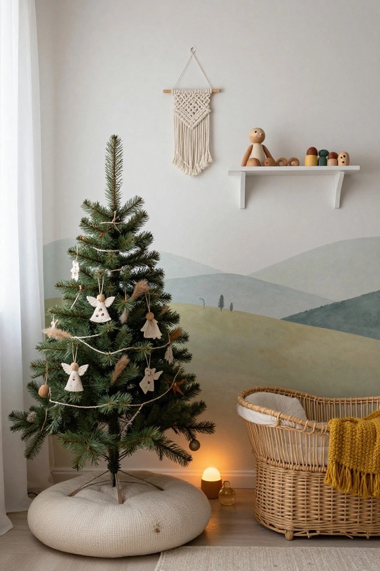 Small artificial Christmas tree decorated with white felt and wooden angel ornaments in a light nursery room with a wicker bassinet, wooden toys on a shelf, macrame wall hanging, and painted hill mural on the wall.