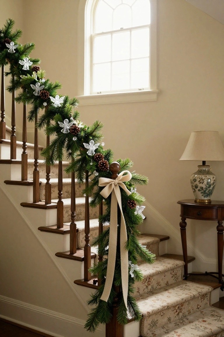 Wooden staircase with beige carpeted steps and dark banister wrapped in evergreen garland featuring white crystal angel ornaments, pine cones, and a large cream satin bow on the newel post, beside a tall arched window in a light beige interior with a lamp and table nearby.