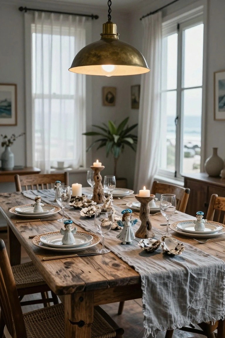 A wooden dining table set for a meal with white plates topped by small angel figurines, seashells, candles in driftwood holders, wine glasses, and a linen runner, surrounded by chairs in a bright room with large windows overlooking the sea.