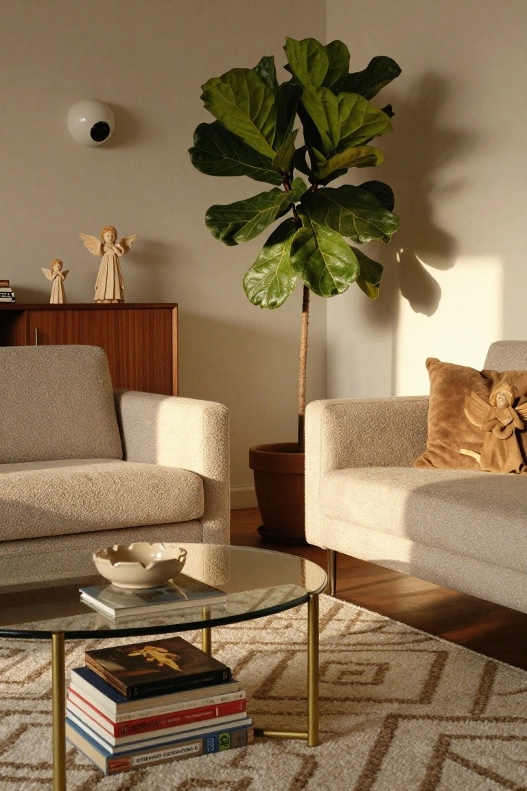 Living room interior with beige bouclé sofas, wooden angel figurines and cherubs on a mid-century sideboard, large potted fiddle leaf fig plant, glass coffee table with stacked books, and angel pillow on sofa.