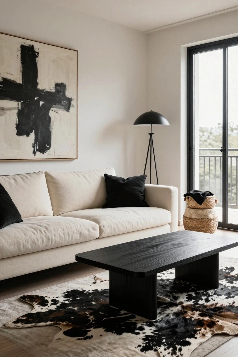 Modern living room featuring a cream fabric sofa with black pillows, rectangular black wood coffee table on a black-and-white cowhide rug, black abstract wall art, black tripod floor lamp, stacked woven baskets, and black-framed glass balcony doors with a view of trees.