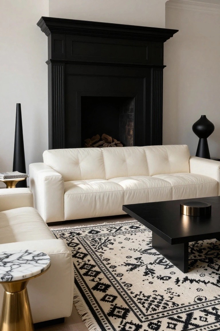 A living room with a tall black fireplace mantel, white leather sofas arranged around a black coffee table on a black and white patterned rug, black floor lamps, and gold and marble side tables.
