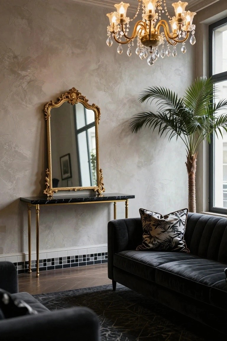 Living room corner with ornate gold-framed mirror above black marble console table on gold legs, beside potted palm plant and black velvet tufted sofa, textured beige walls, chandelier above, dark wood floor.
