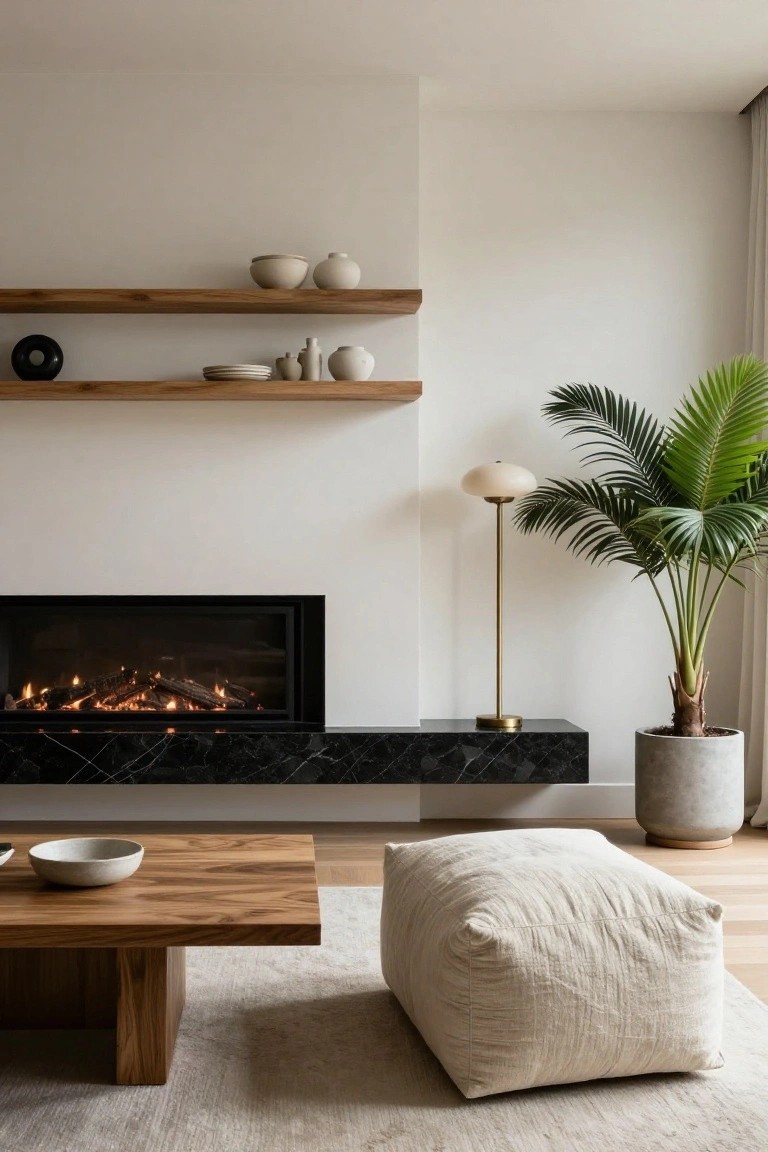 Modern living room with black marble fireplace hearth, floating oak shelves holding white ceramics and a black record, wooden coffee table with white bowl, white linen pouf, tall potted palm plant, gold floor lamp on black base, white walls, light wood floor, and beige rug.
