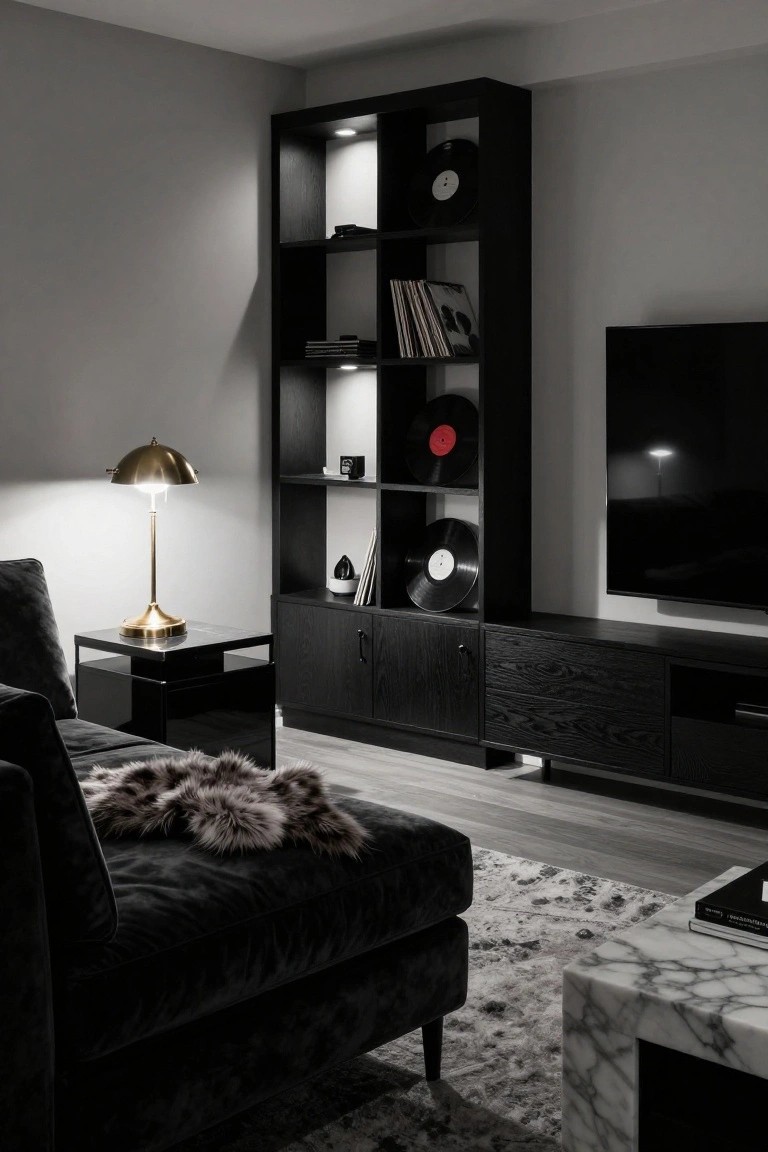 Tall black shelving unit filled with vinyl records, books, and decor next to a wall-mounted TV, with black furniture, a velvet sofa with fur throw, gold lamp on side table, and marble coffee table in a dimly lit living room.