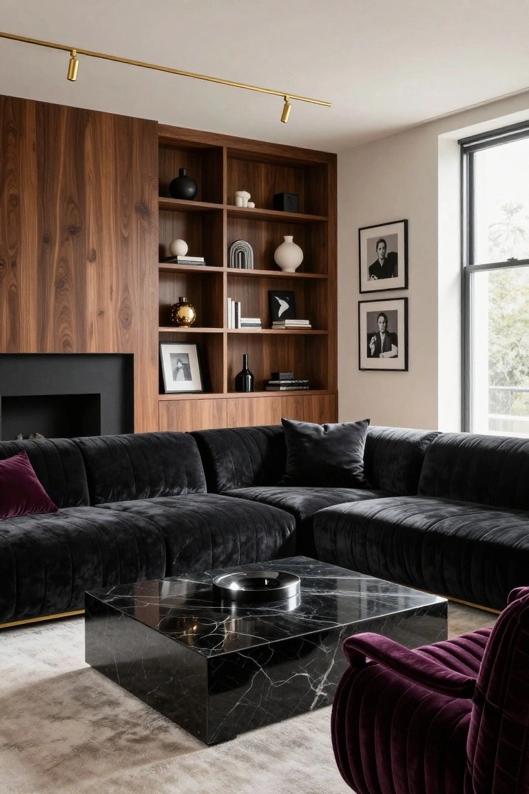 Modern living room with walnut wood paneled walls and built-in shelving displaying ceramics, books, and framed photos, black velvet L-shaped sofa with purple pillows, black marble coffee table holding a silver bowl, purple tufted armchair, and inset black fireplace.