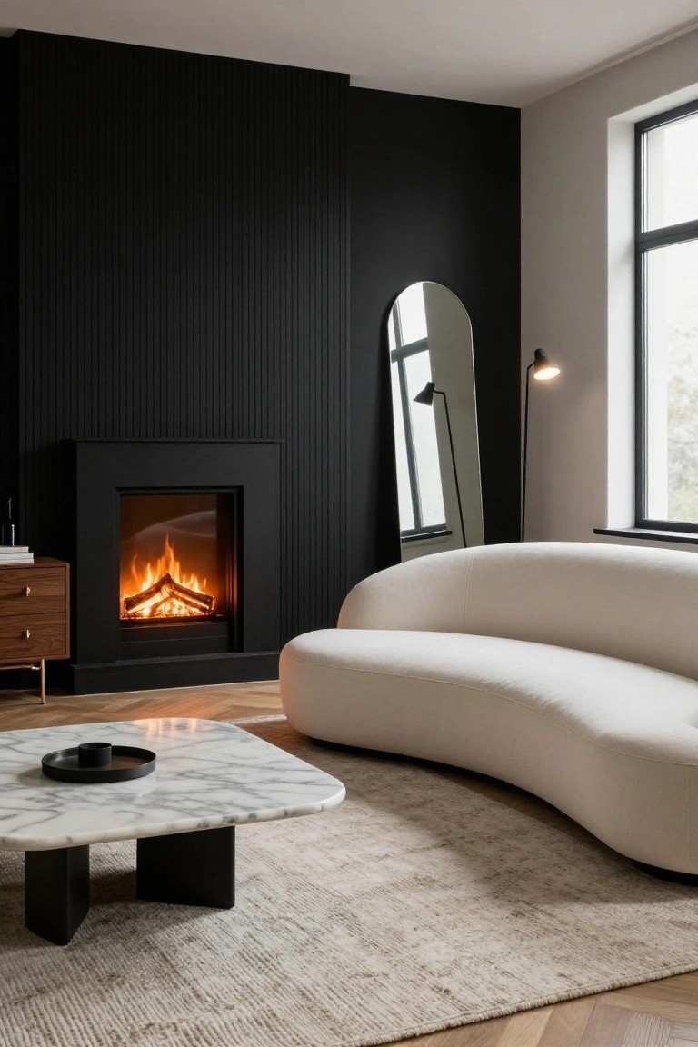 Contemporary living room with black fluted accent wall and lit gas fireplace, curved white sofa, square marble coffee table with black legs, beige rug, floor lamp, mirror, side table, and window.