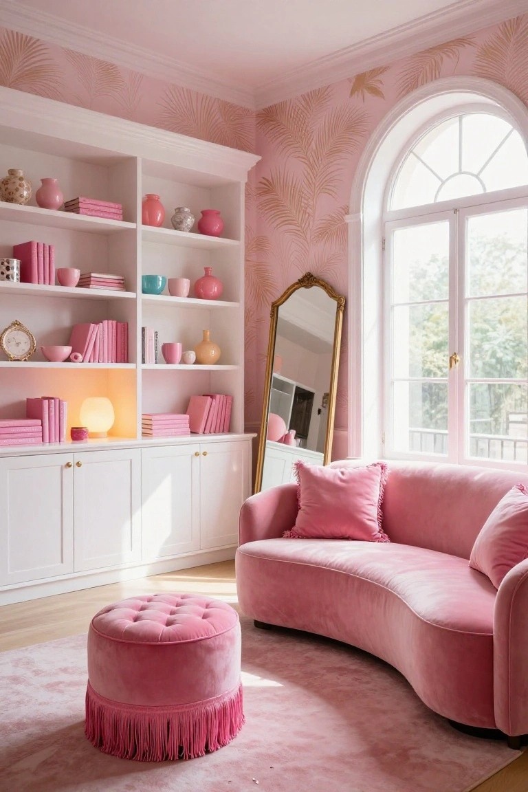 A living room with pink palm leaf wallpaper, white built-in bookshelves filled with pink books and ceramics, curved pink velvet sofa with pink pillows, pink fringed ottoman, gold mirror, and arched window.