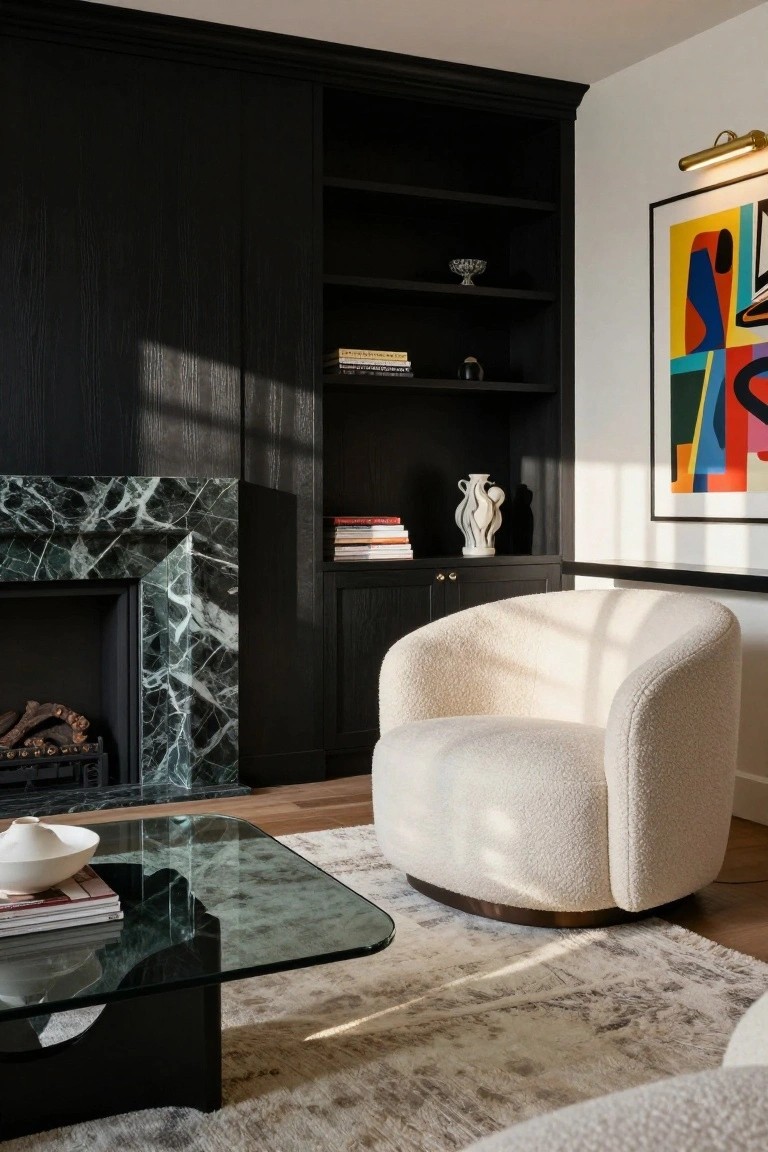 Living room with black wood built-in shelving and cabinets around a green marble fireplace containing logs, a cream boucle-upholstered swivel chair, black-based glass coffee table holding a bowl and magazines, beige rug, and colorful abstract artwork on white wall.