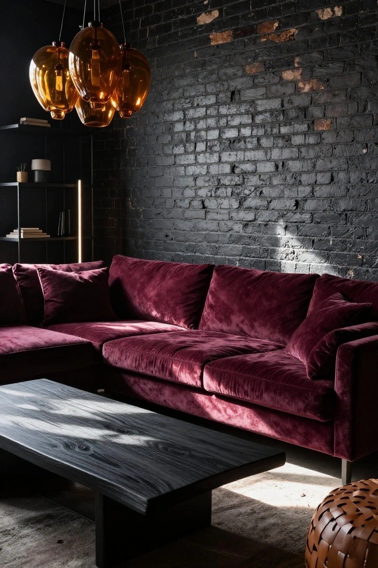 Living room interior with L-shaped deep burgundy velvet sofa against black brick wall, black wooden coffee table, orange glass pendant lights, black metal shelves, and brown woven leather pouf.