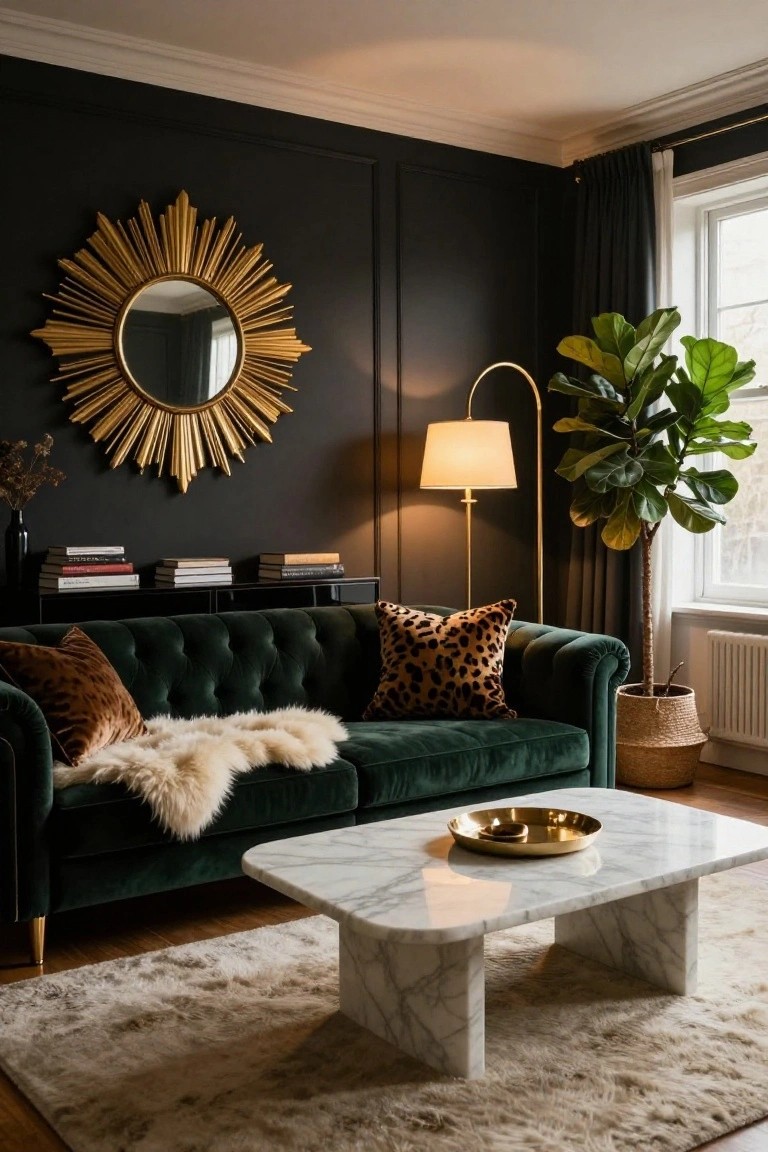 Living room with dark paneled walls, large gold sunburst mirror, emerald green velvet sofa with leopard and brown pillows plus faux fur throw, white marble coffee table with gold tray, gold arc lamp, fiddle leaf fig plant in basket, and black bookshelves.
