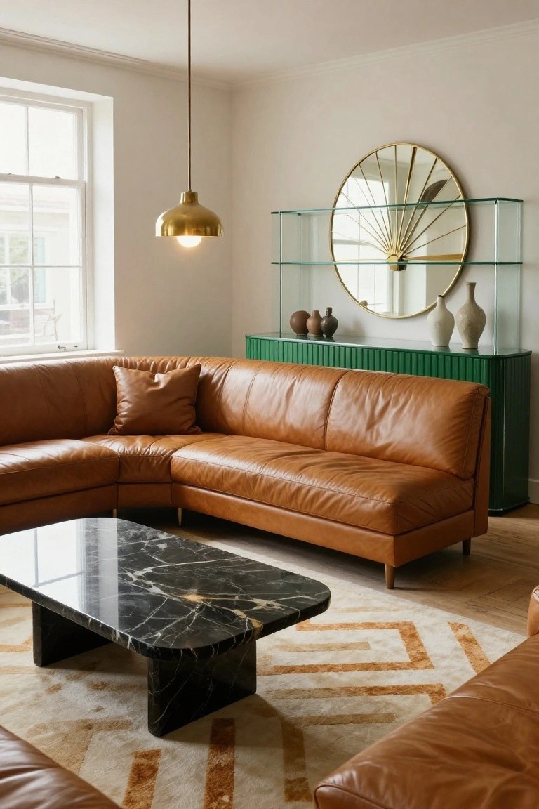 Modern living room interior with tan leather L-shaped sofa, black marble coffee table on beige rug with geometric pattern, gold pendant lamp, large gold sunburst mirror on glass shelf above green fluted credenza with ceramic vases, and window with natural light.