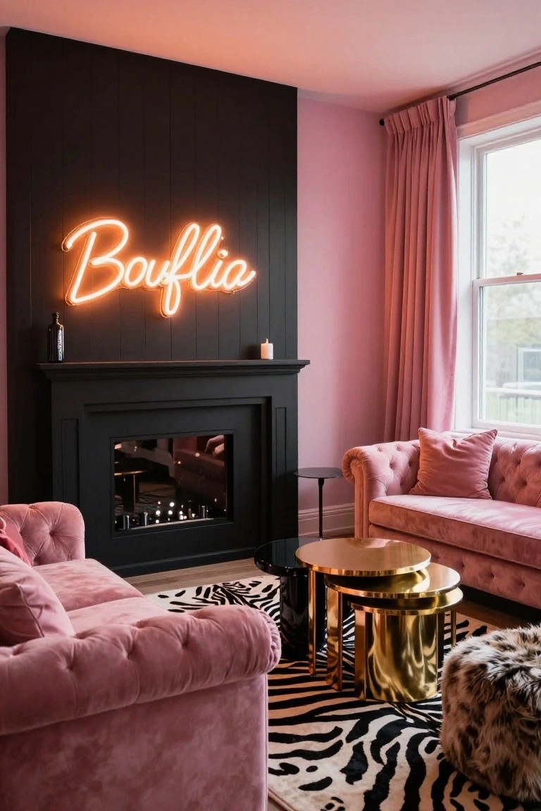 Living room with blush pink tufted velvet sofas, black wood-paneled fireplace wall with orange neon 