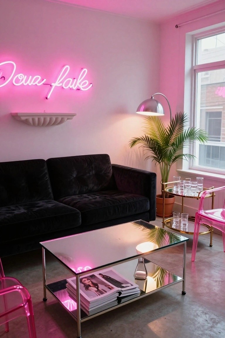 Living room with pink neon sign reading 