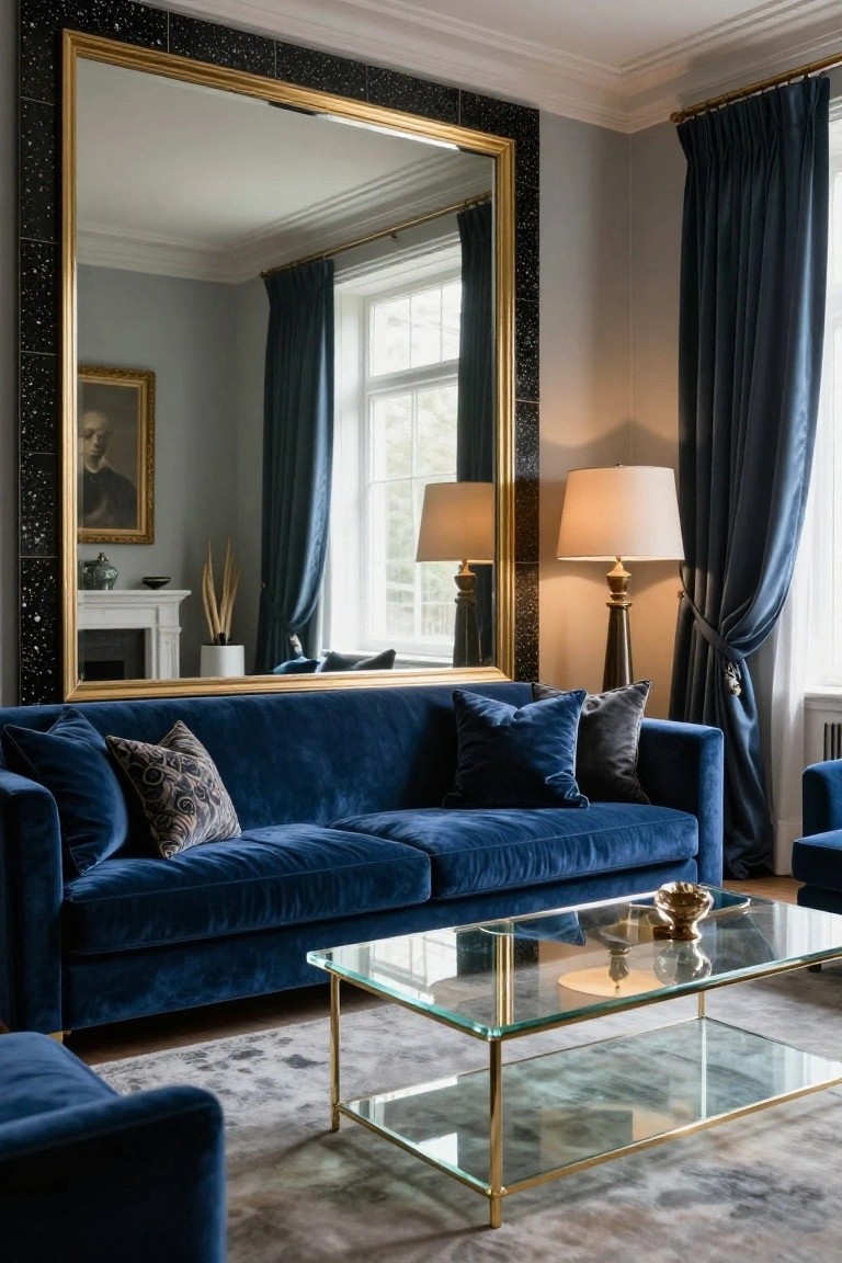 Living room with navy blue velvet L-shaped sofa, matching pillows, glass and gold coffee table, large gold-framed mirror with black sparkle border, blue velvet curtains, two lamps, and a small blue armchair on gray rug.