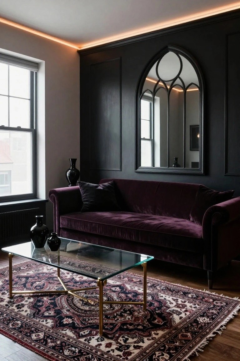 Living room interior with matte black paneled walls, large gothic arched black-framed mirror, deep purple velvet sofa with black pillows, glass-top brass coffee table on red and gold Persian rug, black vases, and a tall window with blinds.