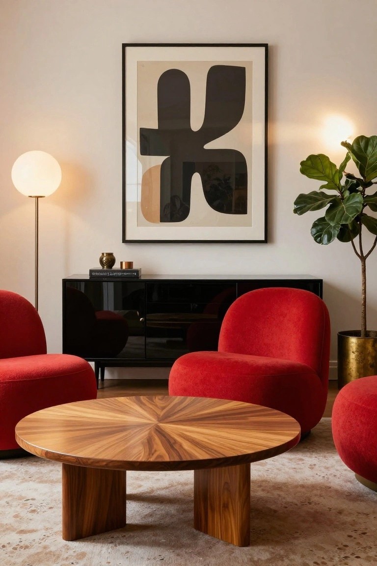 Modern living room with two red velvet chairs flanking a round wooden coffee table, black credenza with books, abstract wall art, globe floor lamp, and potted fiddle leaf fig plant on beige rug.