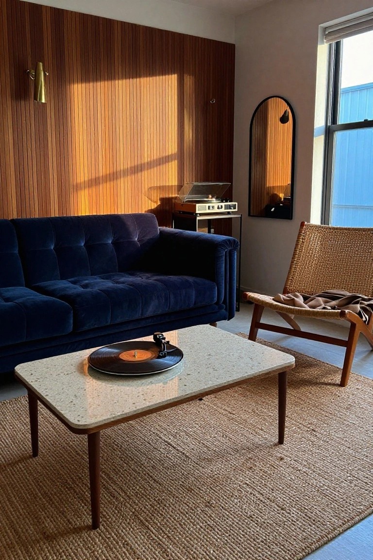 Living room with vertical wood slat wall, navy tufted velvet sofa, rattan armchair with throw, terrazzo coffee table holding a vinyl record and tonearm, brass wall sconce, record player on metal stand, and arched black mirror next to a window.