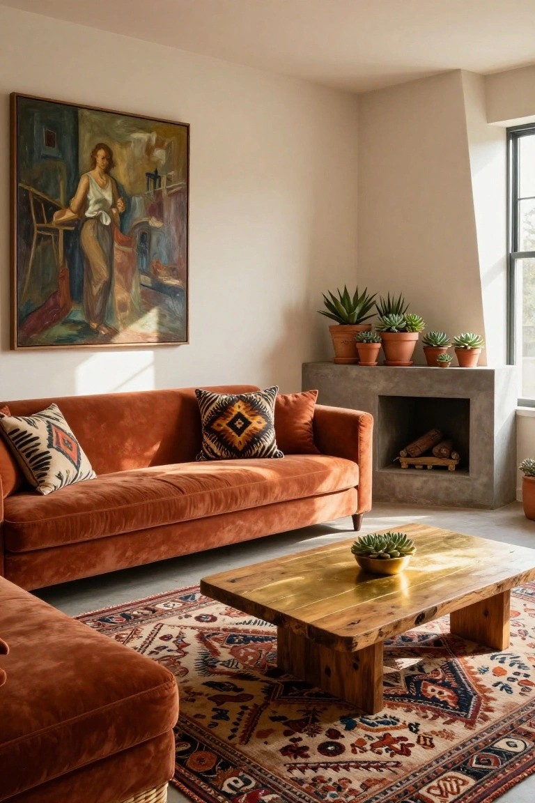 A living room corner with burnt orange velvet sofa and matching ottoman, patterned pillows, live-edge wooden coffee table on a colorful kilim rug, concrete fireplace shelf with potted succulents and agaves, large abstract painting on white wall, and plants near a window.
