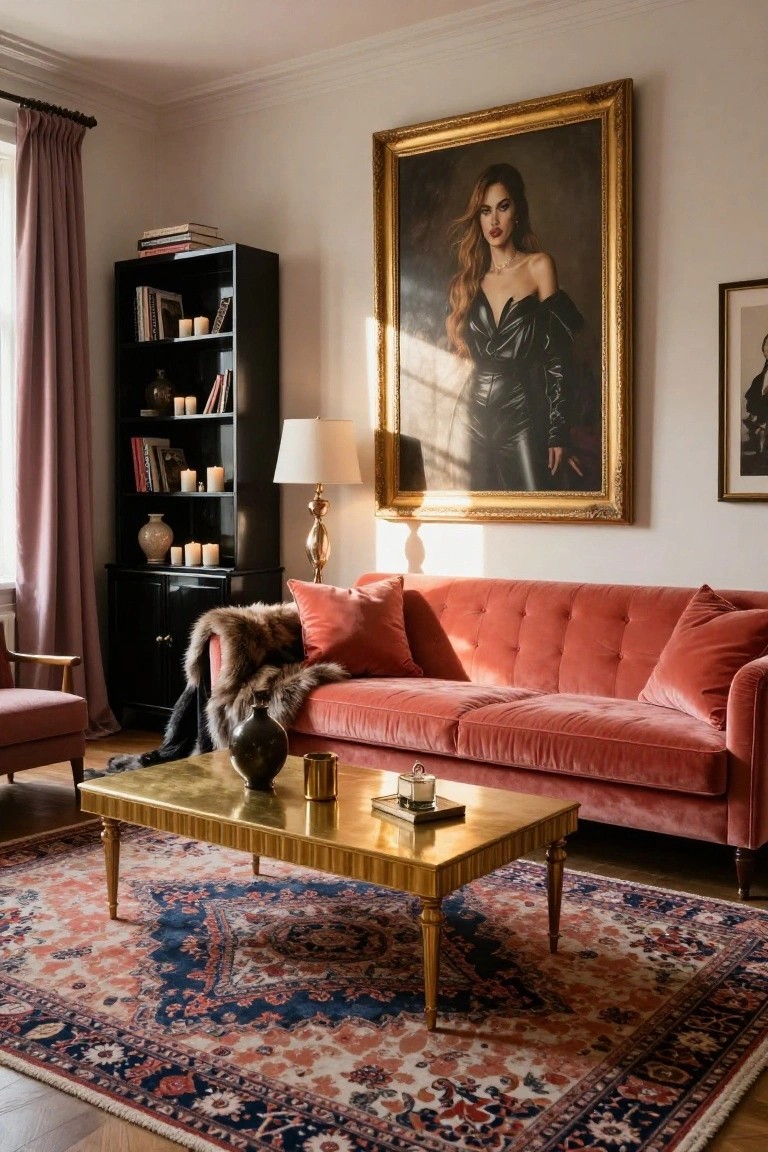 Living room interior with pink velvet tufted sofa, fur throw, gold coffee table on patterned rug, black bookshelf, table lamp, multiple candles, and large gold-framed portrait of woman in black outfit on white wall next to purple curtains.