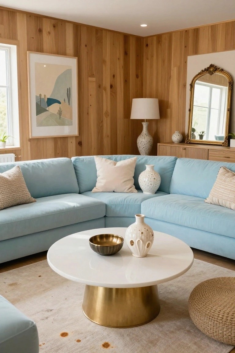 Light blue L-shaped sofa in a corner of a wood-paneled living room with white marble coffee table on brass base, beige rug, pillows, vases, lamp, mirror, and artwork.