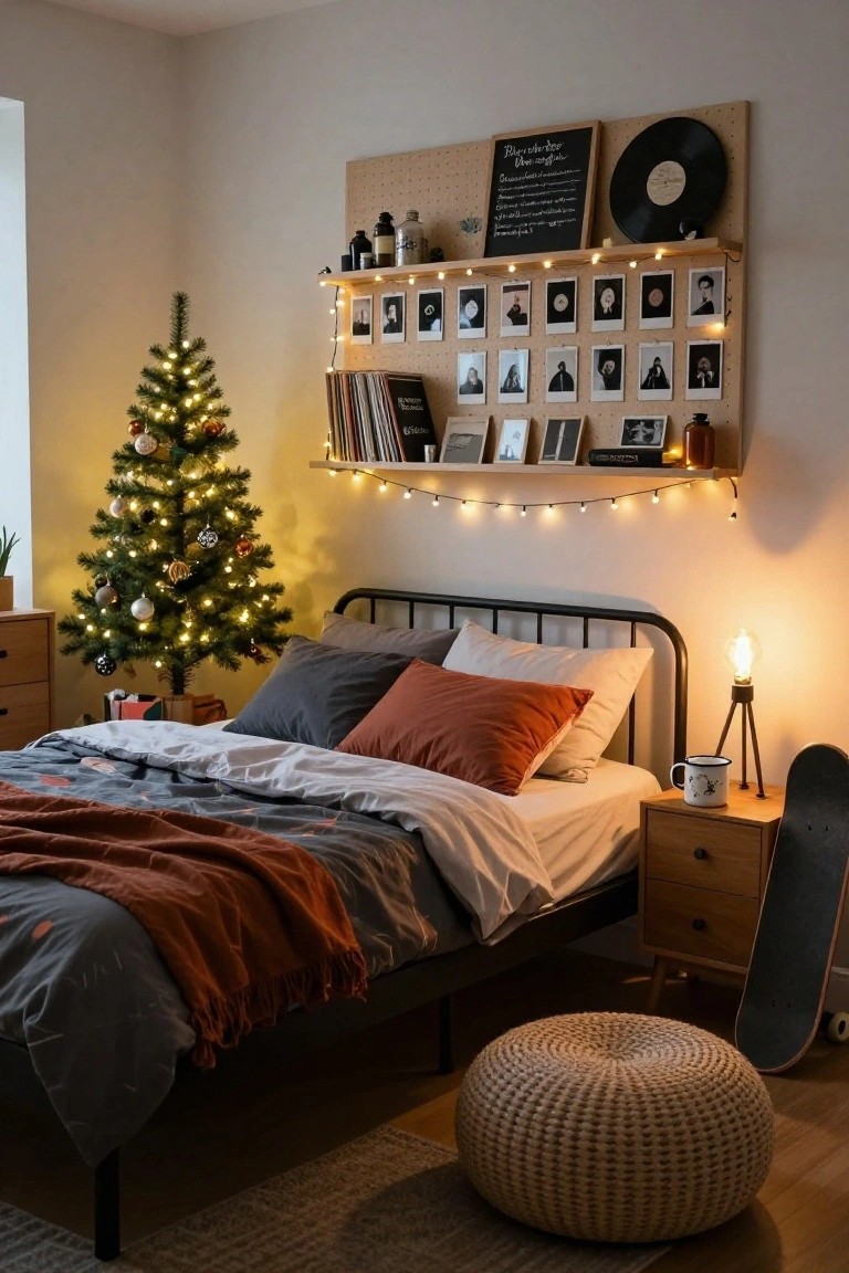 Cozy bedroom with small lit Christmas tree in corner by window, black metal bed frame with gray and orange bedding, pegboard wall shelf displaying polaroid photos vinyl records and string lights, wooden nightstand with lamp and skateboard, woven pouf stool on floor.