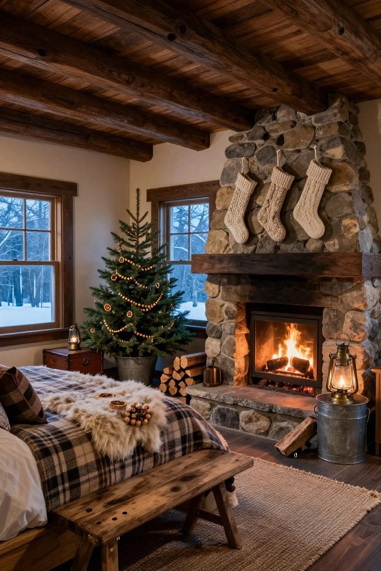 Cozy bedroom with wooden beams, stone fireplace displaying three large white knit Christmas stockings on the mantel, small decorated evergreen tree in a bucket, plaid bed with fur throw, wooden bench, and snowy view through windows.