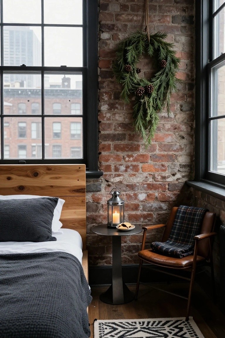 Exposed brick wall in a bedroom corner with large evergreen wreath and pine garland hanging from rope, wooden bed with gray textured bedding and white sheets, leather armchair draped in plaid blanket, metal side table with lantern and candle beside plate of cookies, large windows showing city view.