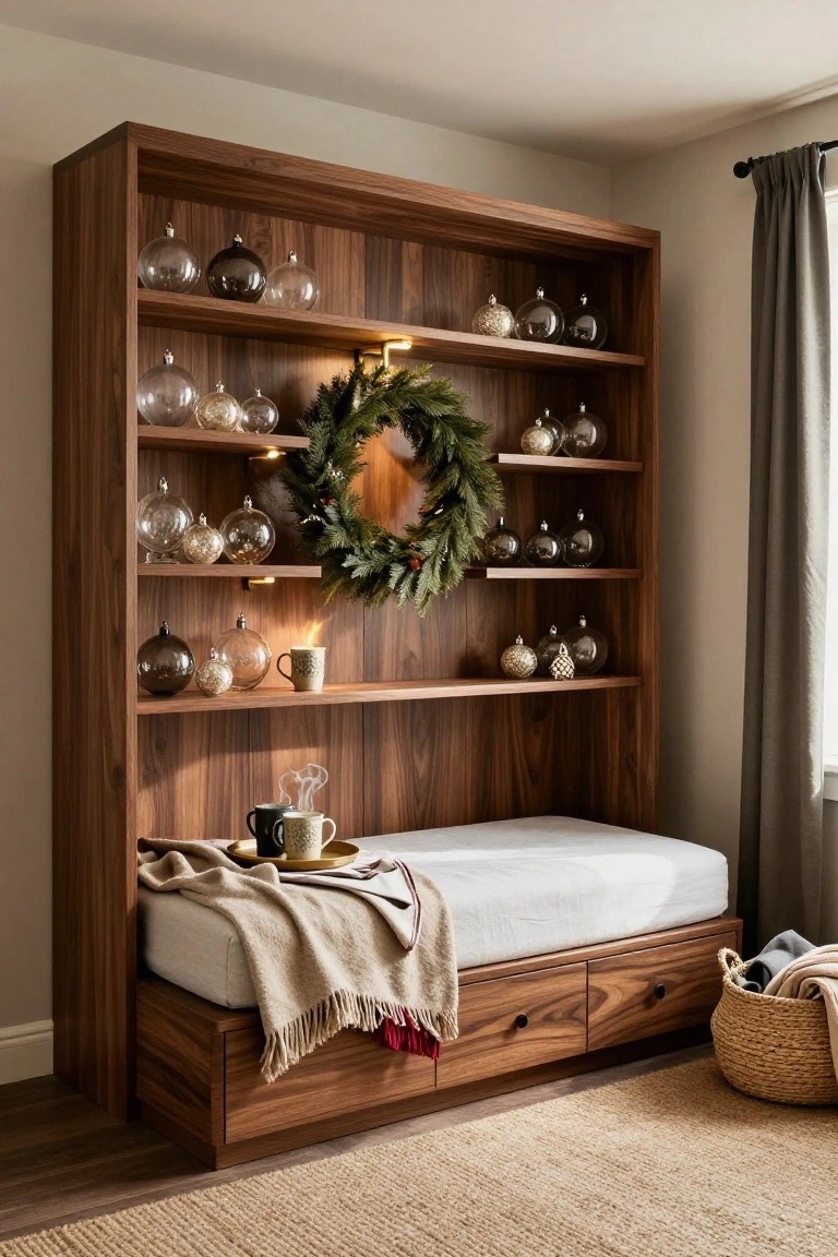 Tall corner wooden bookshelf unit with glass Christmas ornaments, evergreen wreath, lit candles, mugs on a tray, and cushioned bench seat with blankets and woven basket at the base in a beige room with gray curtains.