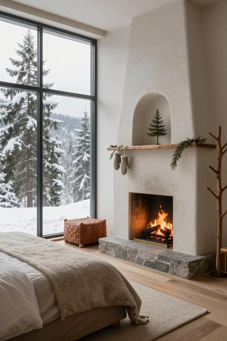 Bedroom with white stucco arched fireplace containing a small potted Christmas tree on a wooden shelf above the mantel, garland draped over, wool mittens hanging from hooks, lit fire inside, wicker basket on floor nearby, large black-framed windows showing snowy pine trees and mountains, neutral bed in foreground on wood floor.
