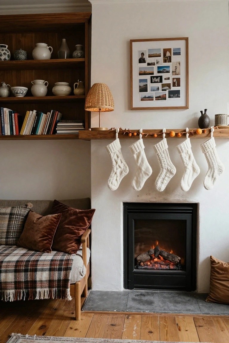 White knitted Christmas stockings hanging from a wooden mantel above a gas fireplace, with a garland of dried oranges, flanked by bookshelves and a nearby sofa in a living room.