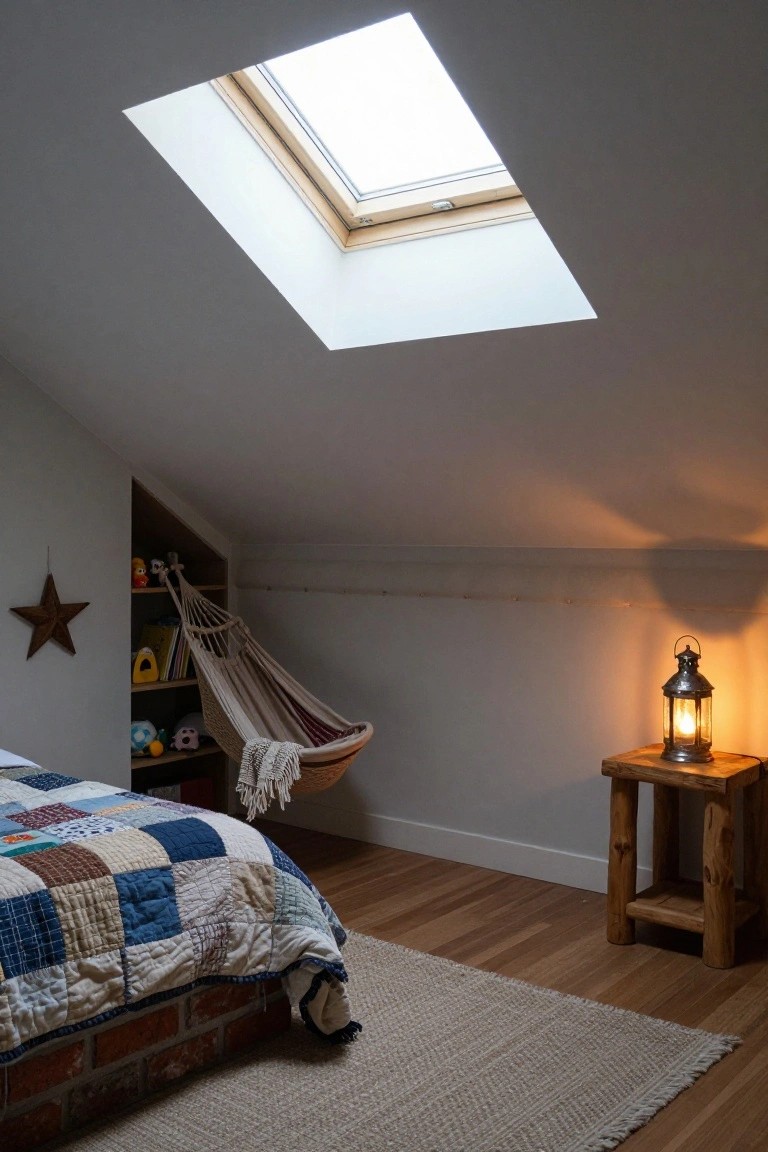 Attic children's bedroom with white sloped ceiling and skylight, built-in shelves holding toys and books, beige hammock hanging near the shelves with a blanket inside, patchwork quilt on bed against brick base, wooden lantern table on hardwood floor with beige rug.