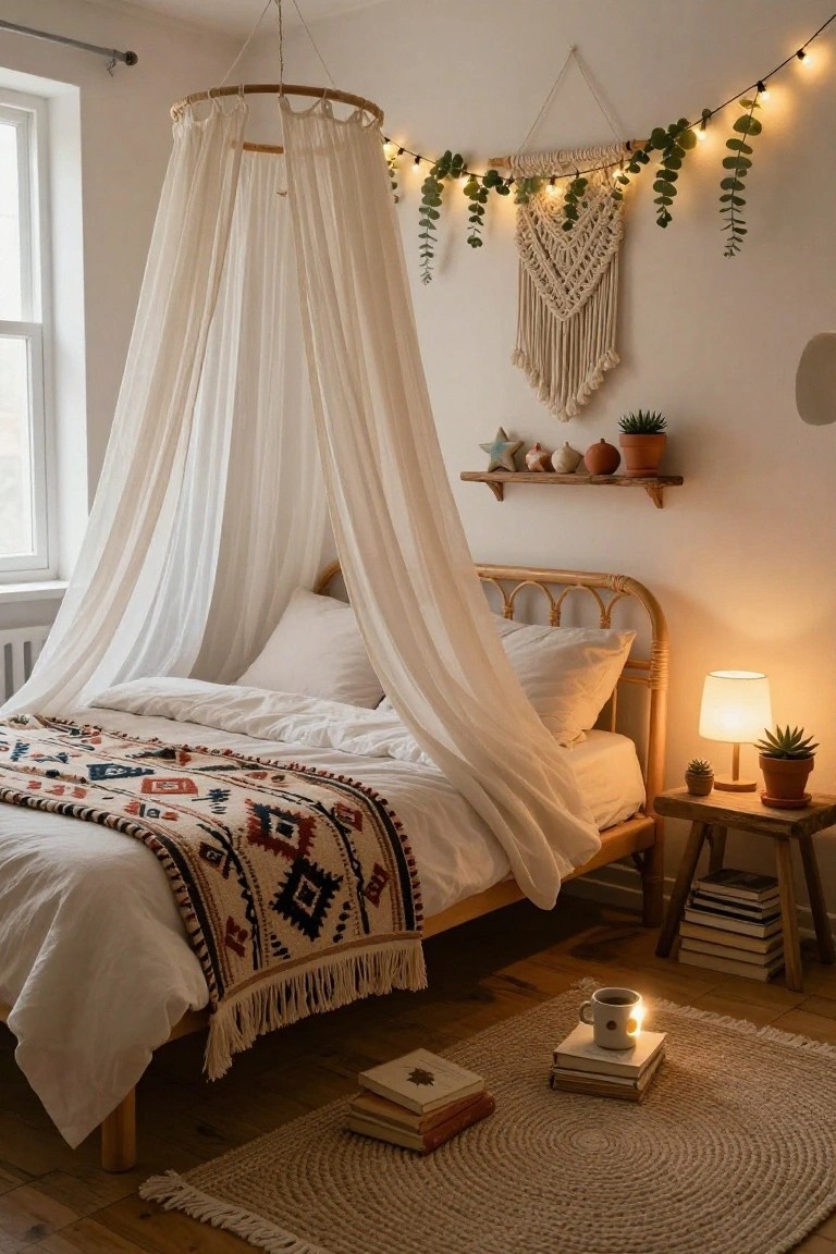 A bedroom with a rattan bed under a white sheer canopy suspended from a wooden hoop, fairy lights and eucalyptus garland along the wall, macrame hanging, shelves with ceramics and plants, a lamp and books on a side table, and stacked books with a mug on the floor rug.