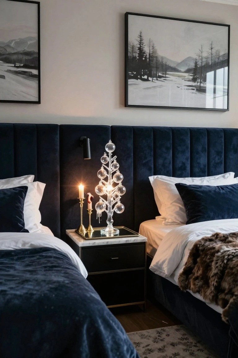 Bedroom with navy velvet tufted headboard, two beds covered in white sheets and fur throws, bedside table with lit crystal orb Christmas tree sculpture and brass candlesticks on marble tray, black wall lamp, and black-framed landscape paintings on beige walls.