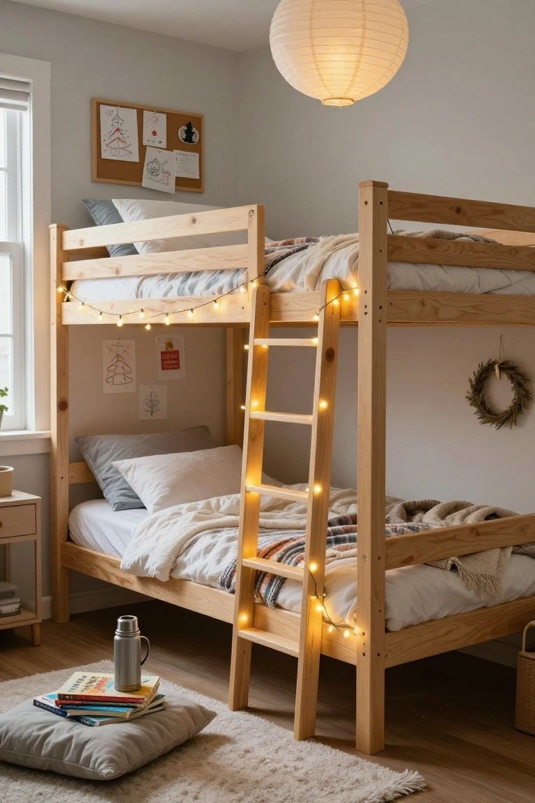 Wooden bunk bed in a light gray bedroom with warm string lights wrapped around the ladder and upper frame, lower bunk with white sheets and plaid blanket, corkboard artwork on wall.