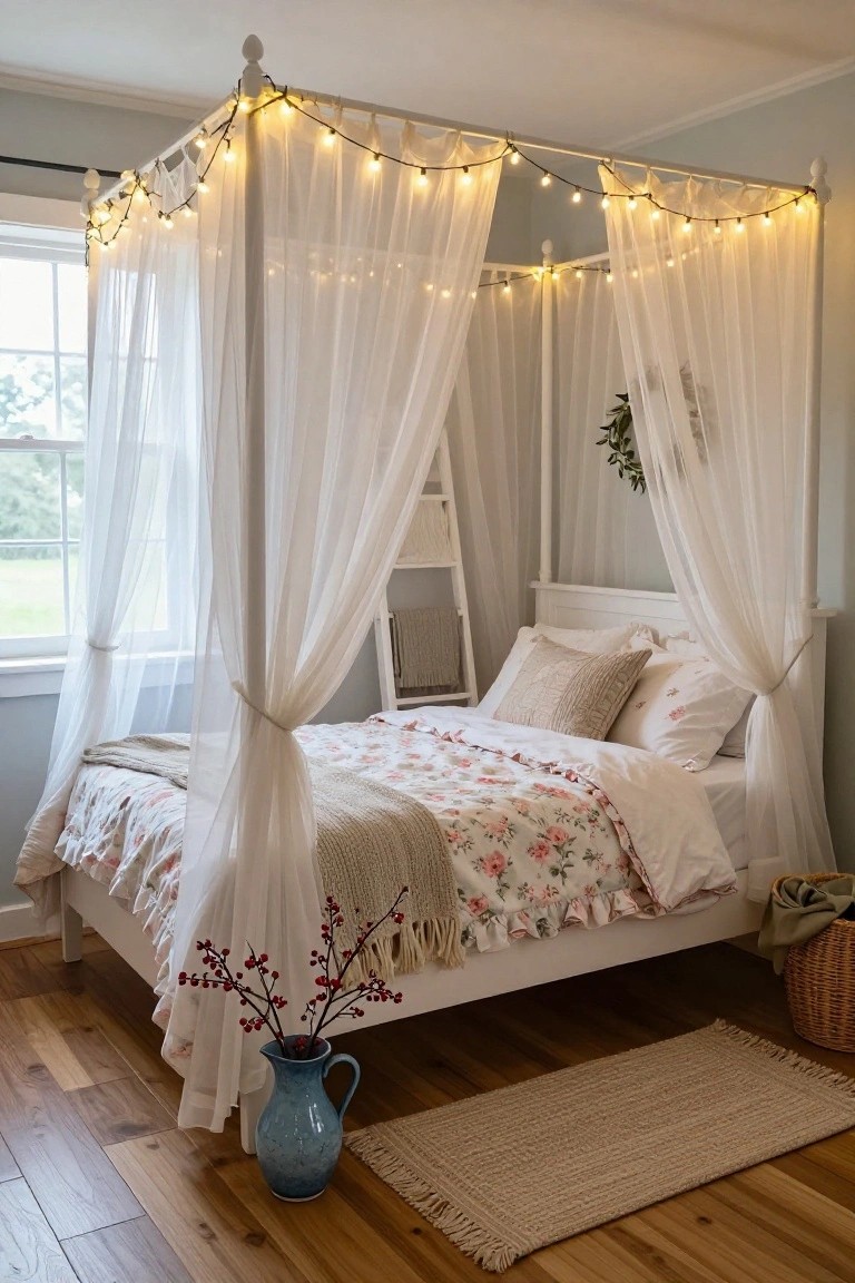 White canopy bed with sheer curtains and fairy lights in a light blue bedroom, floral bedding, pillows, ladder shelf, blue vase holding red berry branches, basket, and beige rug on wood floor.