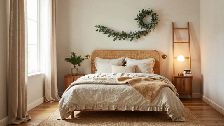 Bedroom with light beige walls, rattan headboard draped in eucalyptus garland, eucalyptus wreath hung on wall, wooden ladder holding plaid throw, oak nightstand with brass lamp and potted plant, bed made with white linens and fur throw, jute rug on hardwood floor near window with cream curtains.