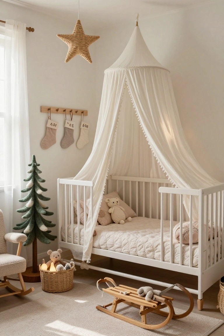 White wooden crib with sheer white canopy, pink bedding, stuffed teddy bears and toys inside, green felt Christmas tree nearby, rocking chair with basket of lit toys, wall rack with four Christmas stockings, wooden sleigh toy on floor in beige nursery room.