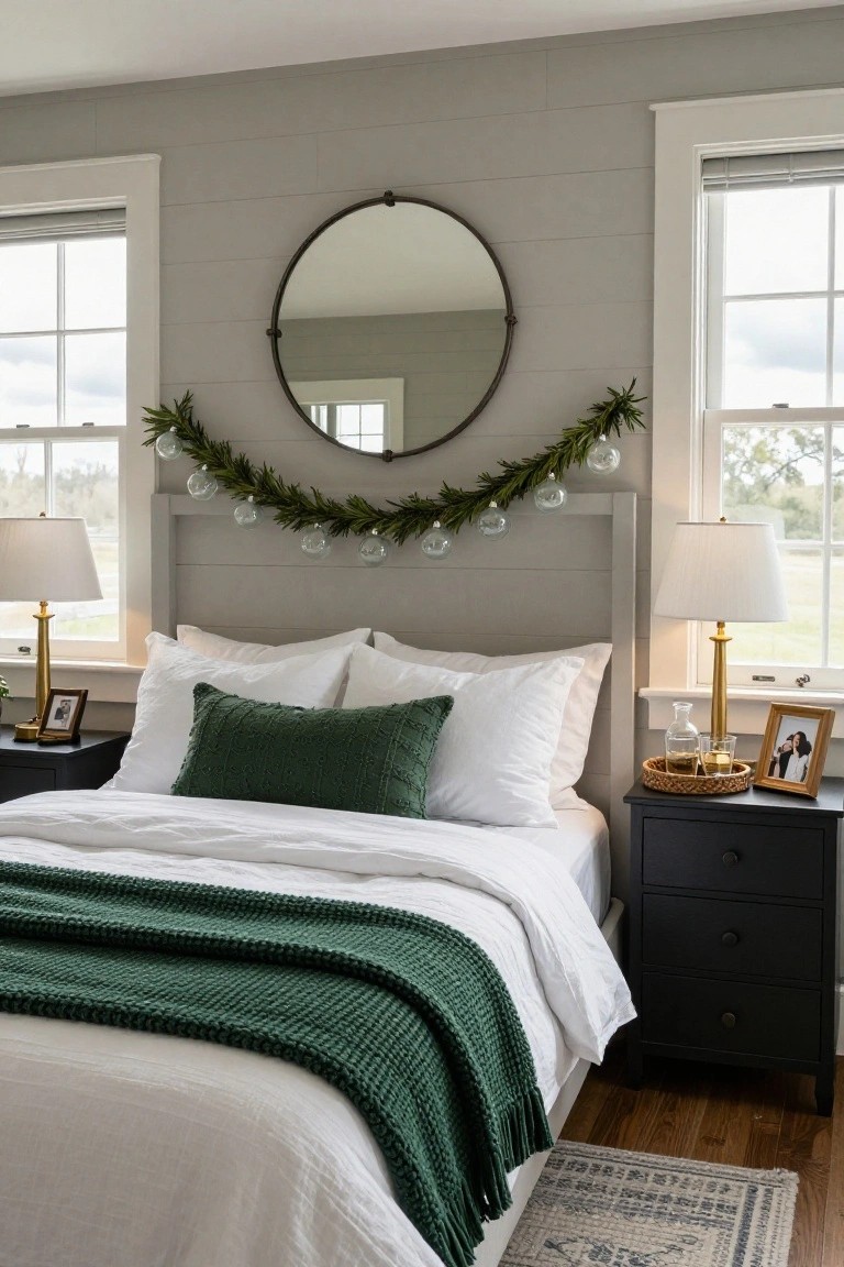 Bedroom interior with gray shiplap walls, large round black mirror above the bed draped with green garland and clear glass ornaments, white bedding accented by green pillows and throw, black nightstands with gold lamps and photos.