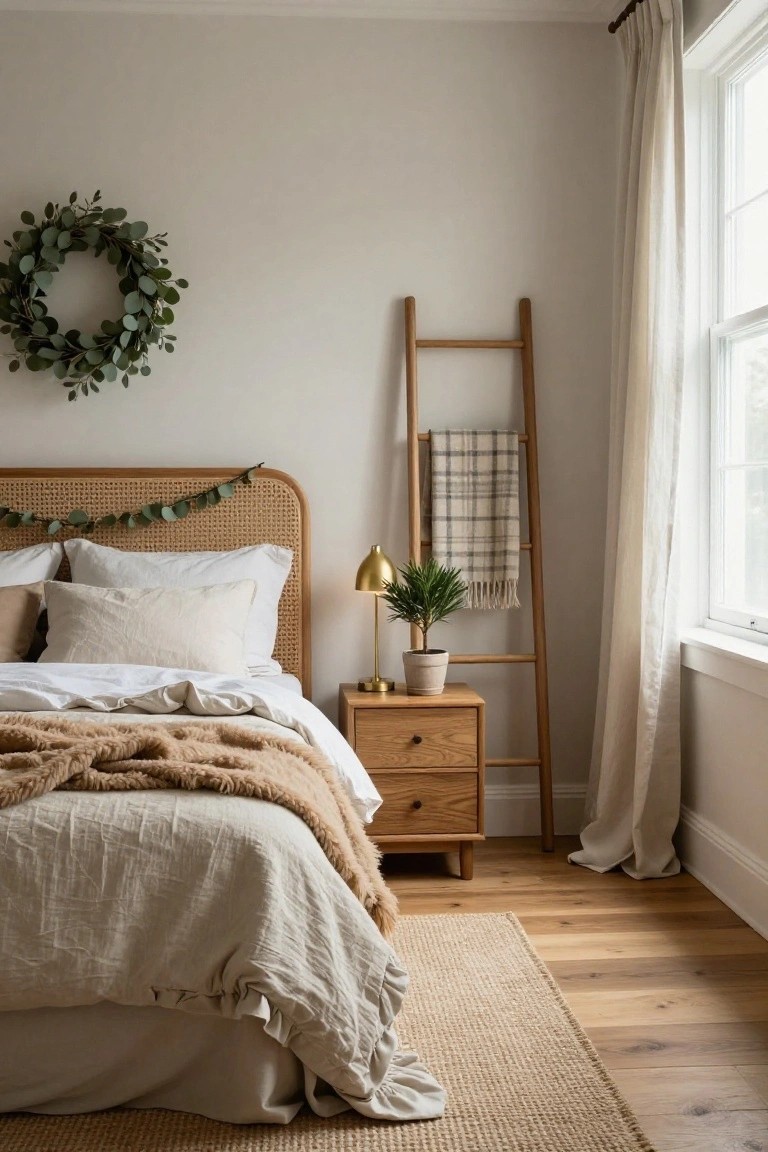 Bedroom with light beige walls, rattan headboard draped in eucalyptus garland, eucalyptus wreath hung on wall, wooden ladder holding plaid throw, oak nightstand with brass lamp and potted plant, bed made with white linens and fur throw, jute rug on hardwood floor near window with cream curtains.