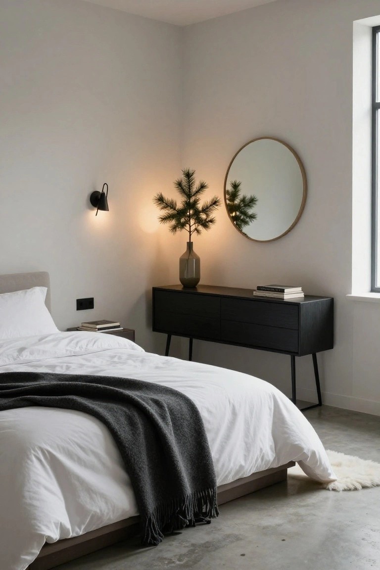 Minimalist bedroom corner with low bed draped in white sheets and gray throw, black wood dresser topped with books and tall vase holding small lit fir branch, gold round mirror on wall, black wall sconce, and white sheepskin rug on concrete floor.