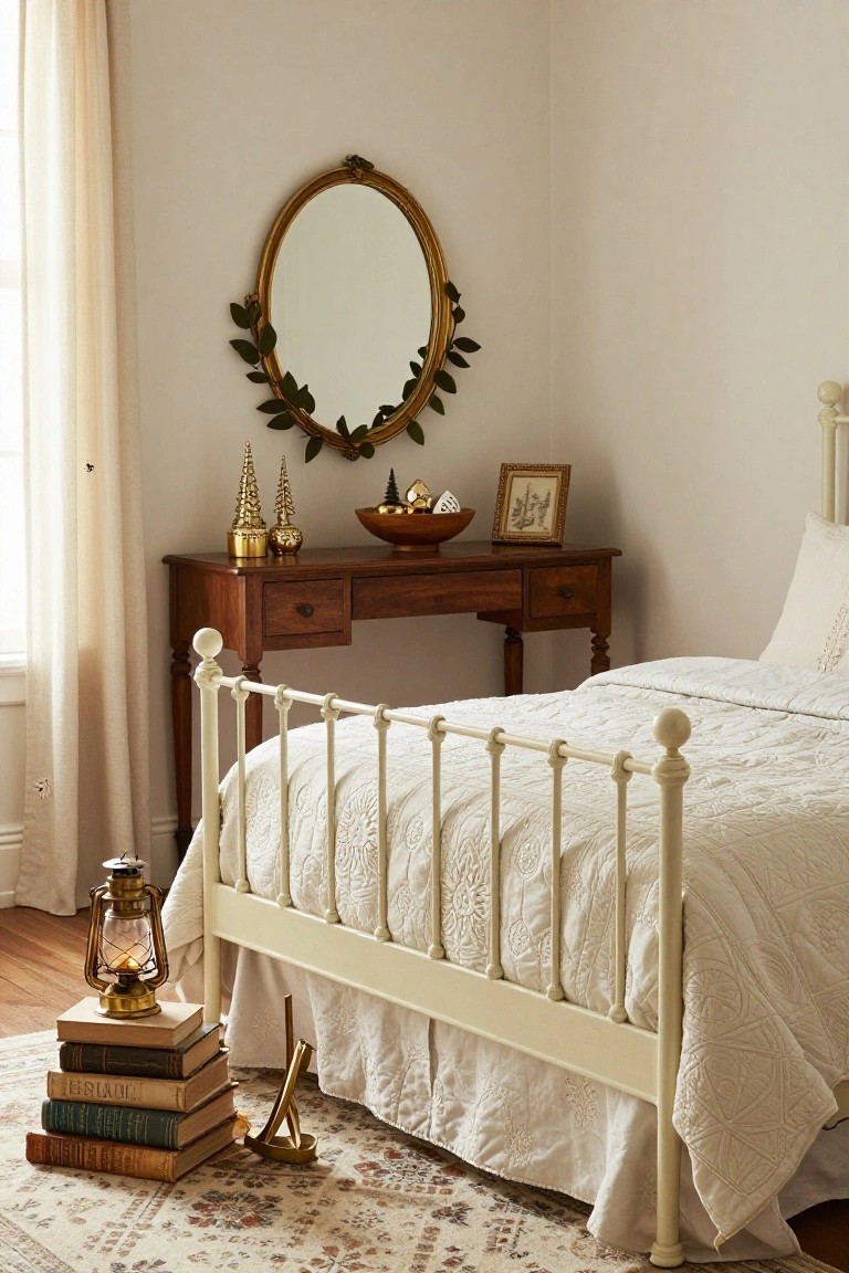 Corner of a bedroom with white iron bed, wooden console table holding two gold mini Christmas trees, gold bowl, and framed artwork, antique gold mirror with green leaf garland above, brass lantern and stack of old books on floor nearby.