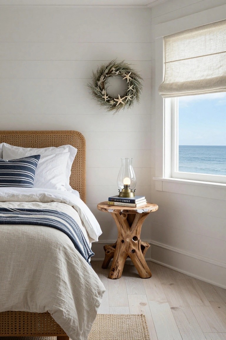 Corner view of a white shiplap bedroom with rattan headboard bed draped in white linens and navy striped pillows and throw, wooden X-base nightstand holding a glass oil lamp and stacked books, linen roman shade over window showing ocean view, and dried seagrass wreath with starfish on wall.