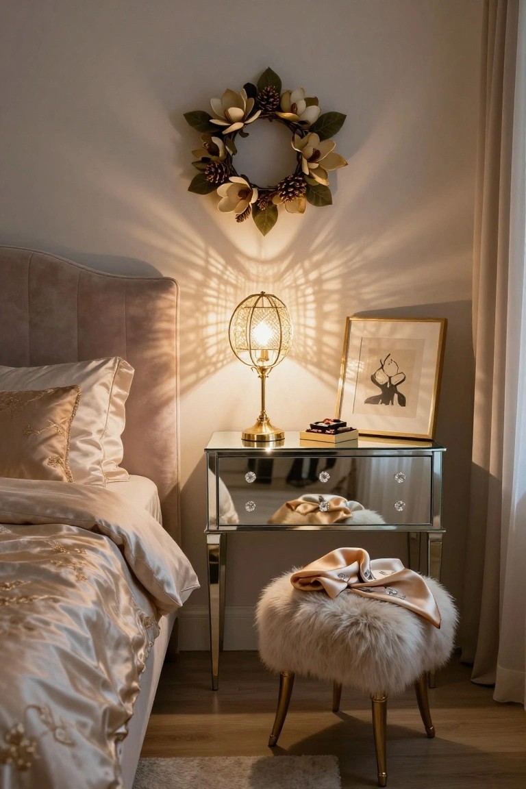 Bedroom with pink velvet headboard, cream satin bedding, gold orb lamp on mirrored nightstand with framed art and chocolates, fur stool draped with silk scarf, and beige magnolia pinecone wreath on wall.