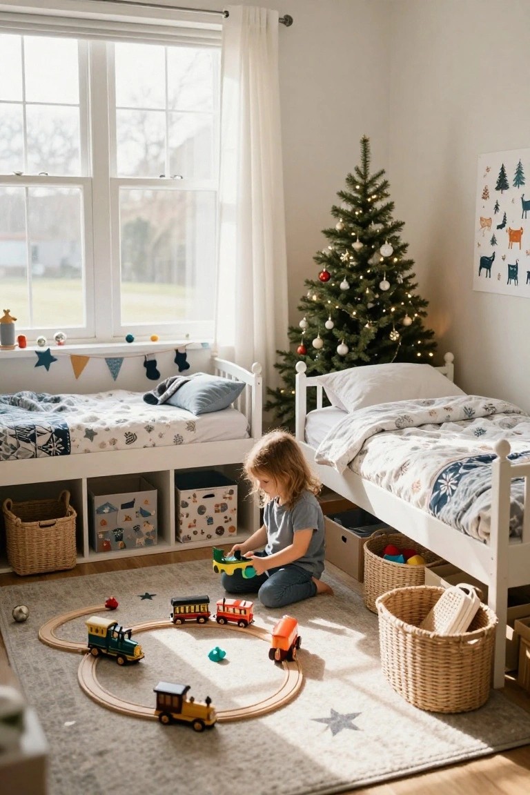 A bright child's bedroom with two low white beds, patterned bedding, a small lit Christmas tree decorated with ornaments, wooden toy trains on a circular track rug, and woven storage baskets.