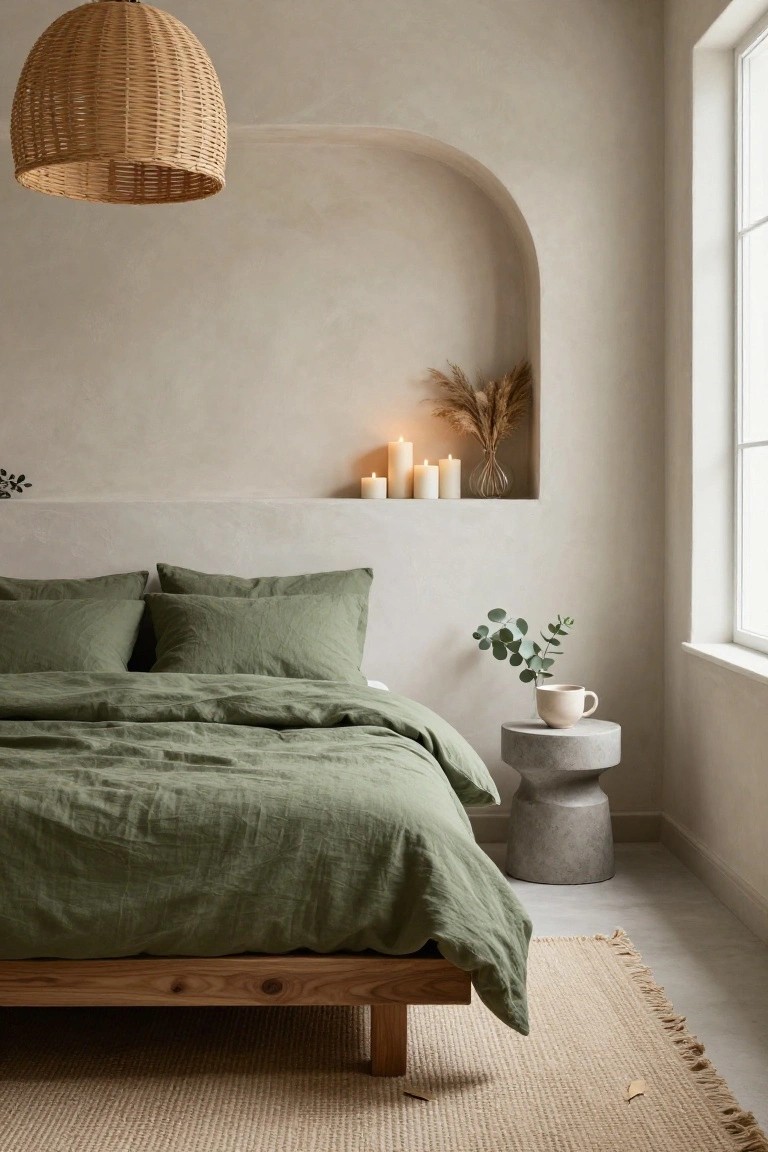 Bedroom with wooden platform bed draped in sage green linen bedding and pillows, rattan pendant lamp overhead, arched beige wall niche holding candles pampas grass and vase, concrete side table with eucalyptus mug, beige fringed rug on floor.
